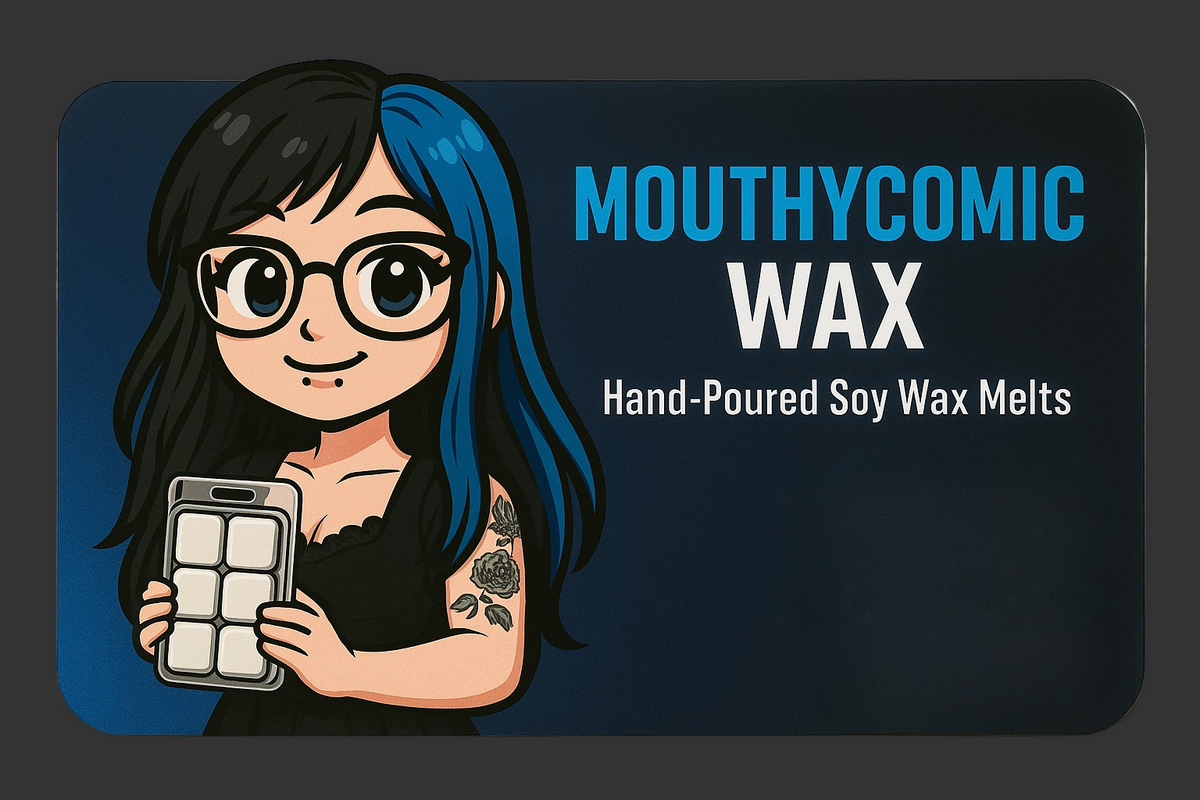 Cartoon character holding wax melts with 'Mouthycomic Wax' branding on a blue background